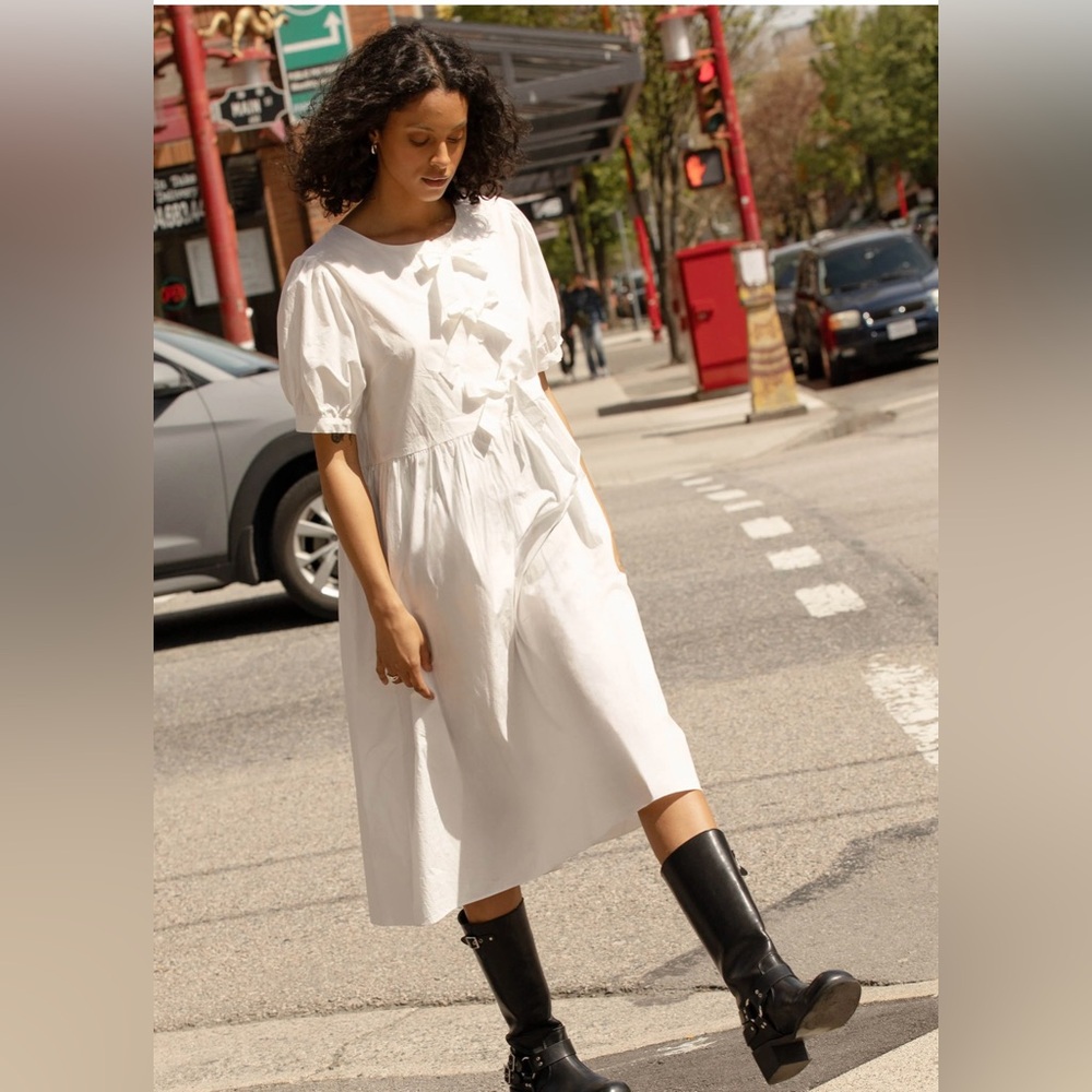 OAK + FORT White Midi Dress with Puff Sleeves